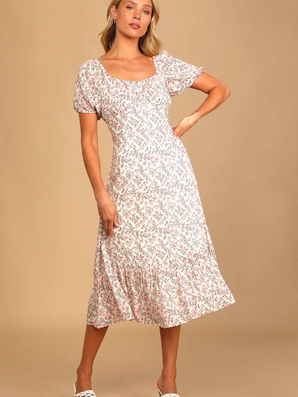 Lulus Floral Puff-Sleeve Midi Dress in Cream and Pink